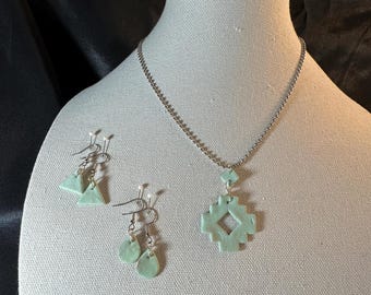 Clay Pendant  on ball chain and 2 pair matching earrings -Southwestern square pendant design. Mint clay color with terra cotta touches.