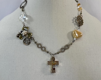 Eclectic Mixed Metal Necklace with Steel Flower and Druzy Cross Pendant