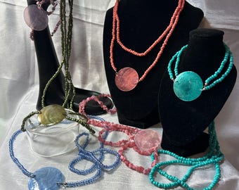 Mother of Pearl Focal Disc 40mm  on matching beaded continuous necklace - multi color options