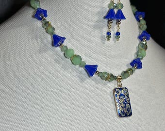 Blue Bells/flowers and Mint rondelles with enamel flowers pendant necklace & earrings set