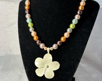Ivory Enamel Pewter Flower Pendant on 17 inch strung glass multi color pearls w/ 3 inch extension