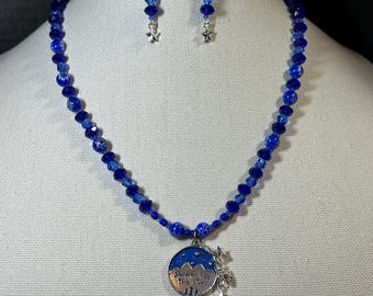 Shine Like the Stars Pewter Pendant Charm on blue multi bead blue necklace with matching earrings