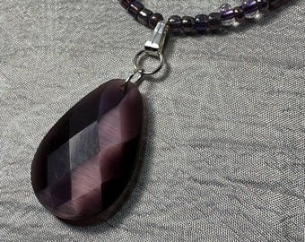 Purple Faceted Teardrop Estate Bead Pendant on purple/metalic glass beaded necklace 19 inch with 3 inch extension chain