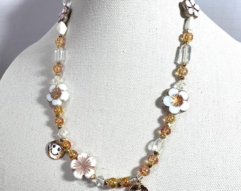 Asymetric Glass  flower and heart necklace 20 inch with 2 inch extension