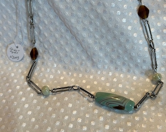 Large Agate Cylinder Focal in  Turquoise, Brown, Cream Necklace on large link chain
