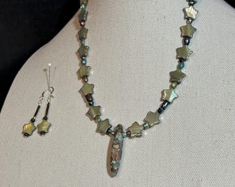 Imperial Jasper Focal on 12mm star shell beaded  18 inch necklace with matching earrings