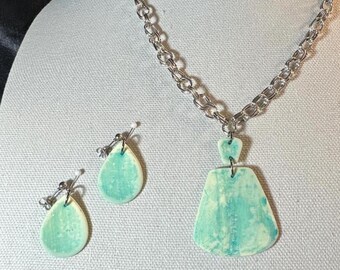 Clay Pendant 2 piece design on rhodium/silver large double link chain and matching post earrings - Teal washed clay design.