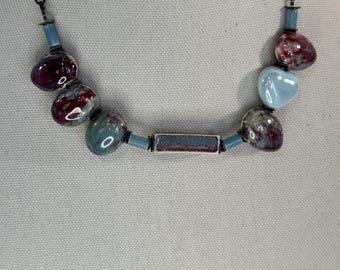 Ceramic Choker/Princess length necklace in Aqua and Burgundy