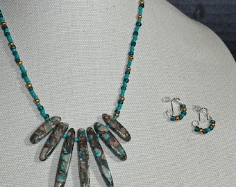 Imperial Jasper Focals on turquoise and gold glass bead 18 1/2 inch necklace with matching earrings