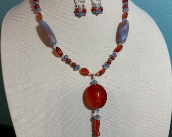 Burnt Orange and light blue multi stone necklace & earrings with Estate bead pendant