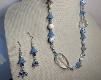 Lampwork Polka Dot Beaded Necklace and Earrings Set – Blue Glass, 19-inch