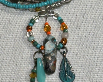 Imperial Jasper stone and leaf charm and mixed glass beads Focal pendant  on 4 wire beaded strands and matching earrings