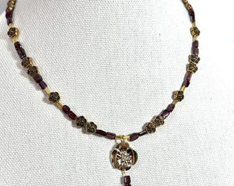 Garnet and flower necklace 16 inch with 2 inch extension