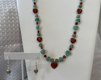Jasper Hearts - Red and Green with 8mm & 10mm Green Quartz beads Necklace 22 in - Red Jasper Heart Pendant and matching quartz earrings-set