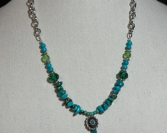 Turquoise & Greens - Stone and Glass with Double Link Chain adjustable necklace - 16 1/2 to 24 inches.