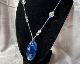Blue Agate Wire Wrap Stone Pendant on beaded and chain 18 1/2 inch necklace with crystals & 2 1/2 inch extension chain.