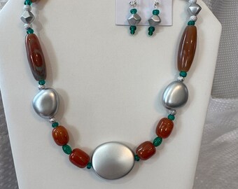 Honey Agate Necklace 22 in-honey brown with turquoise and cream swirls - silver and green accompaniments highlight the beautiful Agate Beads