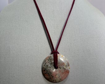 Lepidolite Stone Donut Pendant on leather red wine suede lace necklace