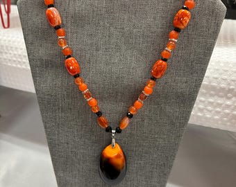 Agate Pendant Necklace & Earrings Set, Orange Carnelian Gemstone Jewelry