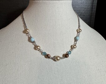 Estate beaded chain with copper, blue and brown beads with chain and leather - wood button slide closure