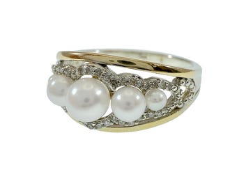 925 Silver and 14k Gold Vintage Pearl and Diamond Ring