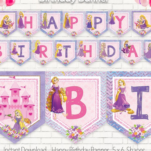Bannière imprimable d'anniversaire de Raiponce, bannière de joyeux anniversaire de princesse, fête d'anniversaire de Raiponce rose, service de livraison numérique