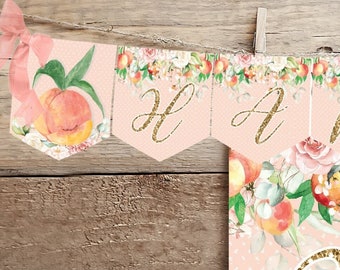 May include: Peach-themed birthday banner with pink and gold accents. The banner features the words "Happy Birthday" in gold glitter letters with peach and floral illustrations.