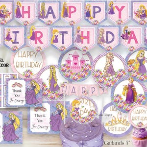 Tangled Rapunzel Birthday Decorations Printable | Girl Party Decor | Banner, Cupcake Toppers, Favor Tags | Instant Download