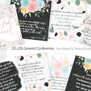 Könnte beinhalten: Eine Sammlung von 20 Zitatkarten der LDS-Generalkonferenz von Präsident Russel M. Nelson. Jede Karte zeigt Blumenarrangements und inspirierende Zitate in verschiedenen Schriftarten und Farben, darunter Rosa, Blau und Schwarz.