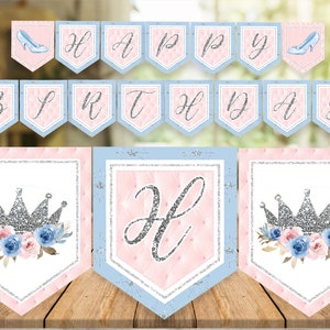 Cinderella birthday banner, Cinderella birthday party, Cinderella party decor, Princess party banner, pink and blue banner Printable