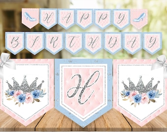 Cinderella birthday banner, Cinderella birthday party, Cinderella party decor, Princess party banner, pink and blue banner Printable