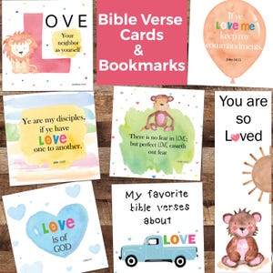 May include: A collection of Bible verse cards and bookmarks with watercolor illustrations. The cards feature phrases like "Love is of God" and "You are so Loved," along with images of a lion, monkey, and teddy bear.