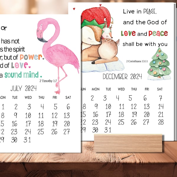 2024 Printable Calendar for Kids with Bible Verse Scripture Cards and Watercolor Animals