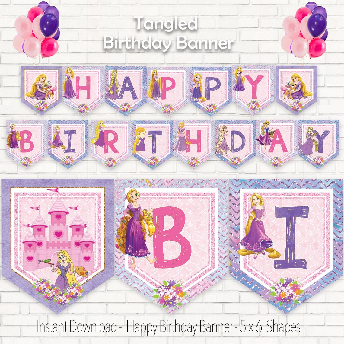 Printable Rapunzel Birthday Banner Princess Happy Birthday Etsy