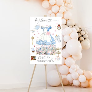Alice im Wunderland Willkommensschild, Blau Rosa Blumen Geburtstagsdekoration, Alice im ONEderland, Willkommensschild