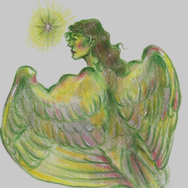 Ethereal Angel Sketch Print, Multicoloured Original Drawing, Fantasy Illustration, Wall Art, Poster, Gift