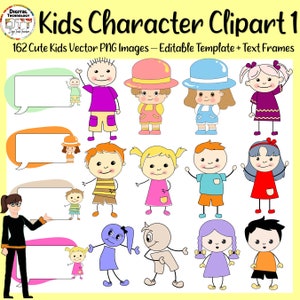 キッズベクターキャラクタークリップアート1、かわいい子供のグラフィックの多様性、テキストフレームホルダー付き、完全に編集可能、印刷可能、デジタルダウンロード