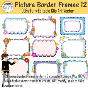 Digitale fotorandlijsten 12, fotorandillustraties, teksthouderframes, 108 png-vectorafbeeldingen, instant download, bewerkbare vector