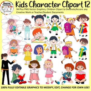 Kids Vector Clipart 12, Children Clipart, School Clipart, Middle School Clipart, Primary School Clipart, Editable Template, PNG, Cute kids