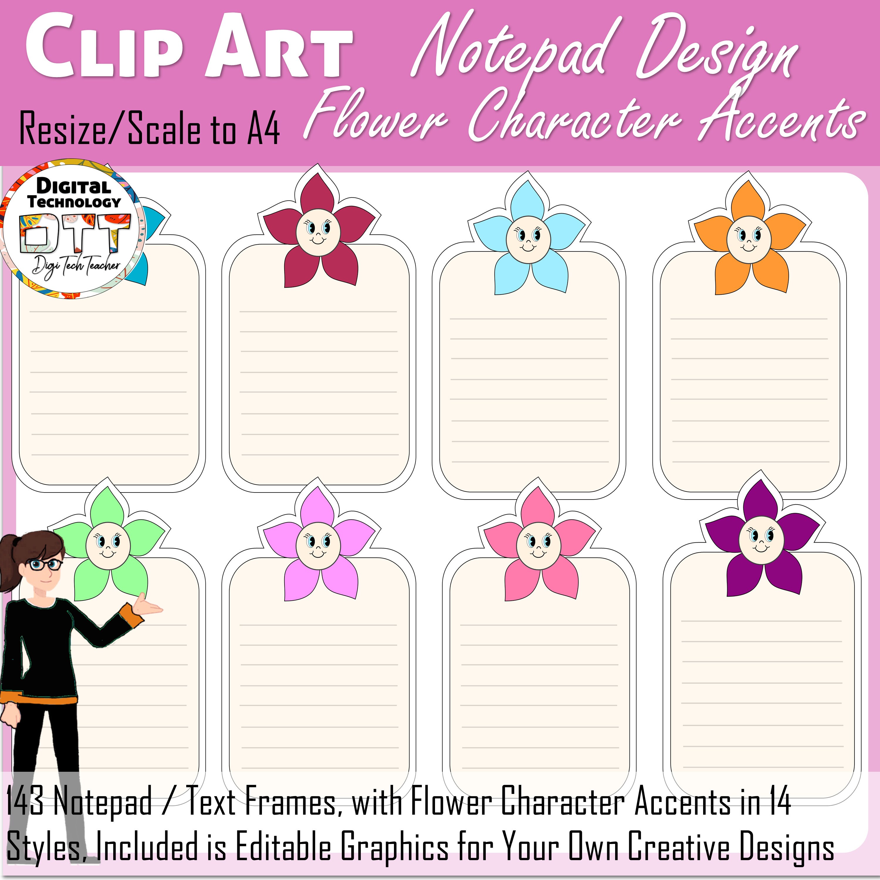 Flower Character Notepad Clipart: 143 PNG Graphics (digital Download ...