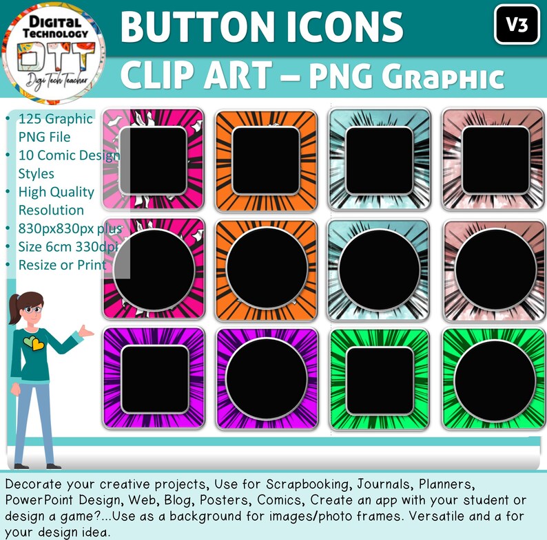 Comic Button Icon Clipart: 125 PNG Designs (digital Download) - Etsy ...