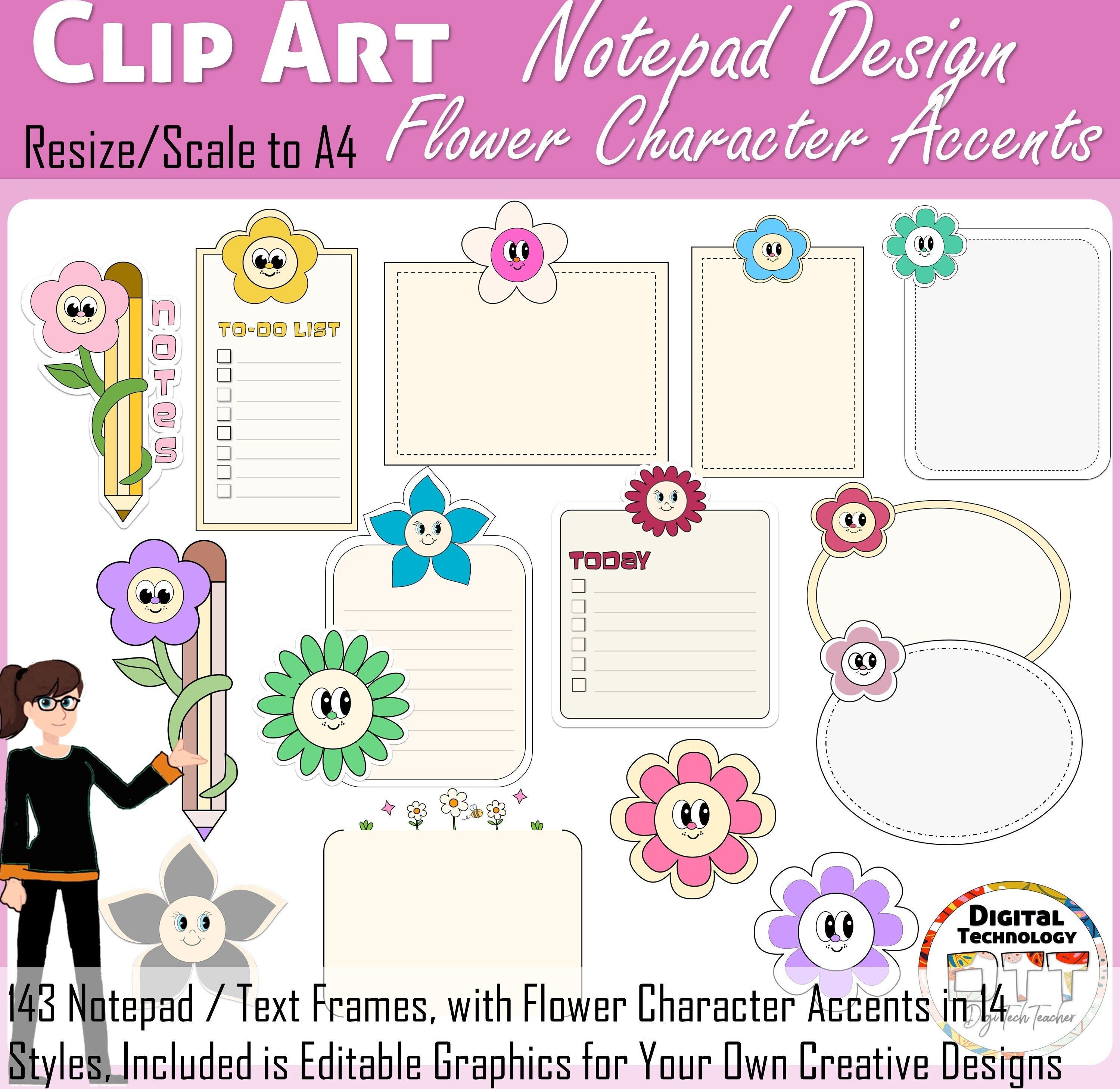 Notepad Clipart, Character Flower Accent, Vector Sticky Note, Text Box Frame, Journal Clipart ...