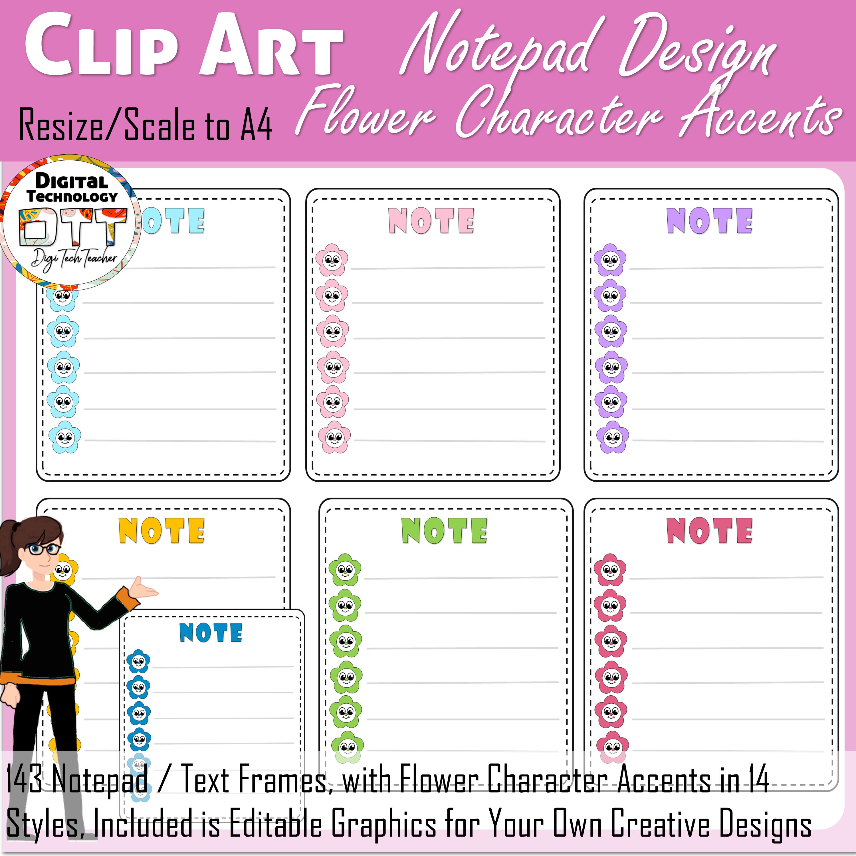 Flower Character Notepad Clipart: 143 PNG Graphics (digital Download ...