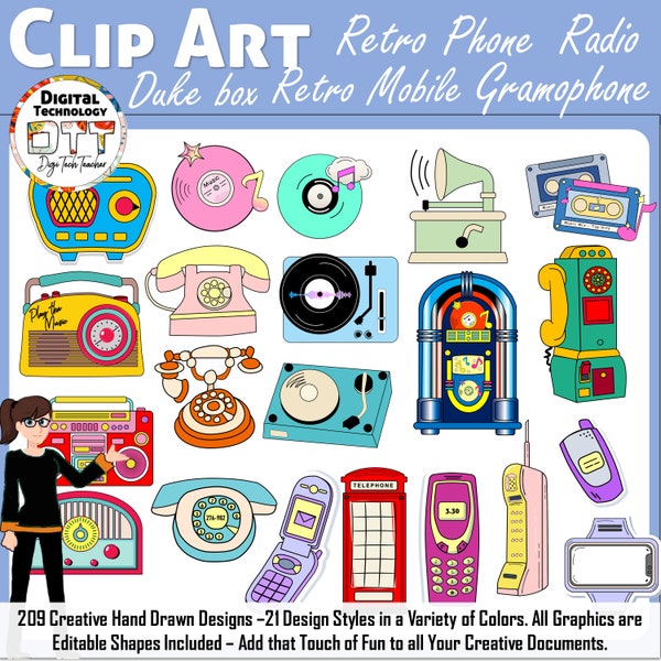 Retro Phone Clipart, Retro Mobile Clipart, Retro Radio Clipart, Retro Jukebox Clipart, Retro Record Player Clipart, Retro Icon Clipart