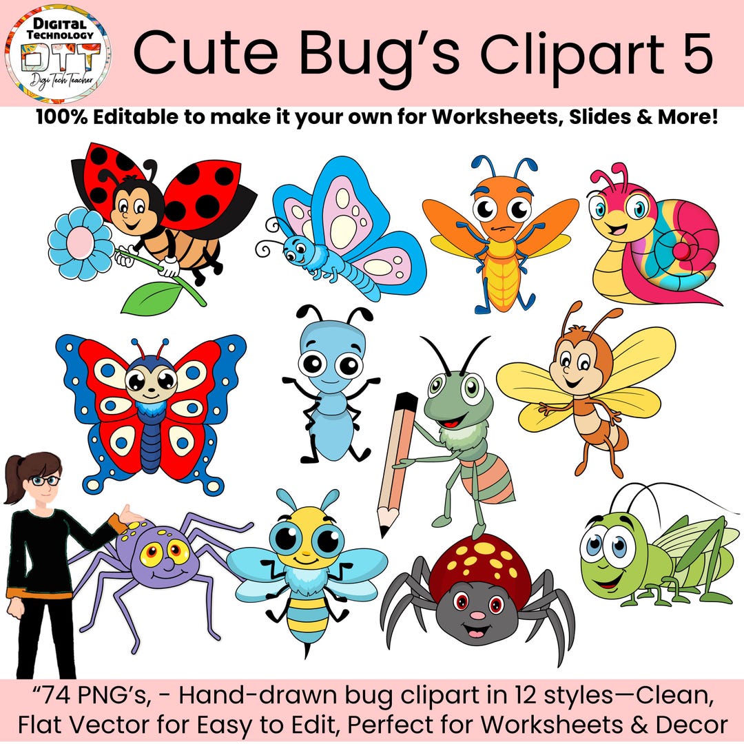 Cartoon Insect Clipart Bundle: Hand-drawn Editable Vector Graphics (74 ...