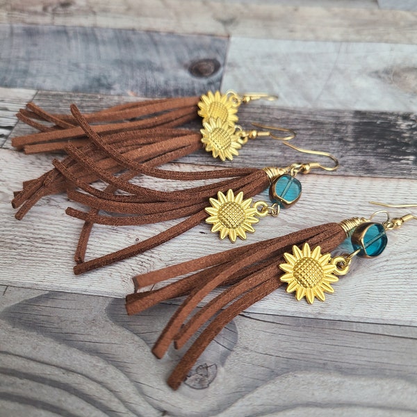 Handmade Gold Tone Sunflower And Faux Leather Tassel Dangle Earrings