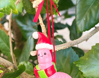 Wally the Christmas worm ornament | decor | tree | hanging | cute | garden | kawaii | santa | winter | gift | fun | -polymer clay