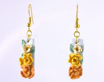 Gracie-Handcrafted Colorful Floral Stacked Trio Vertical Rectangle Stud, Handmade Flower Dangle Hook Earrings