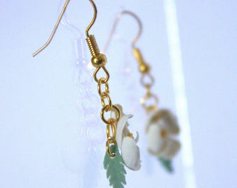 Seafoam Rose Earrings-Handmade Polymer Clay Delicate Magnolia Flower Hook Earrings