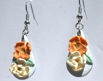Brittany-Handcrafted Double Flower, Polymer Clay Teardrop Dangle Hook Earrings